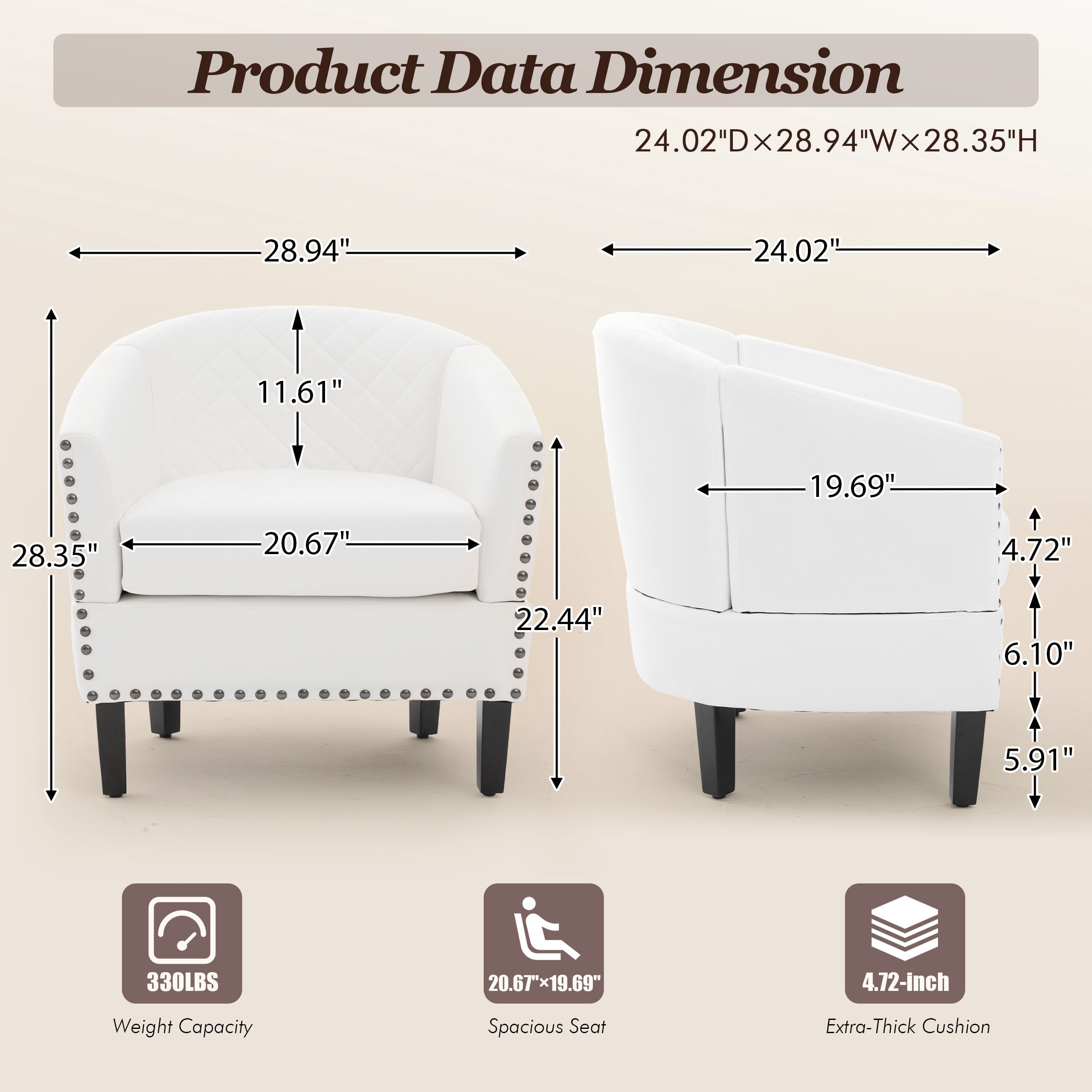 MOONMISS Barrel Accent Chair Club Armchairs Comfy chairs for Living Room, Bedroom,White