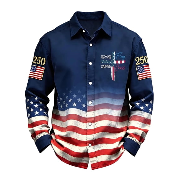 FINALGANG Mens Point Collar Long Sleeve Button Down Shirt With USA Flag Print 250 Embroidered Patches Casual Loose Fit For Patriotic Events Fourth Of July Daily Wear Versatile Top L
