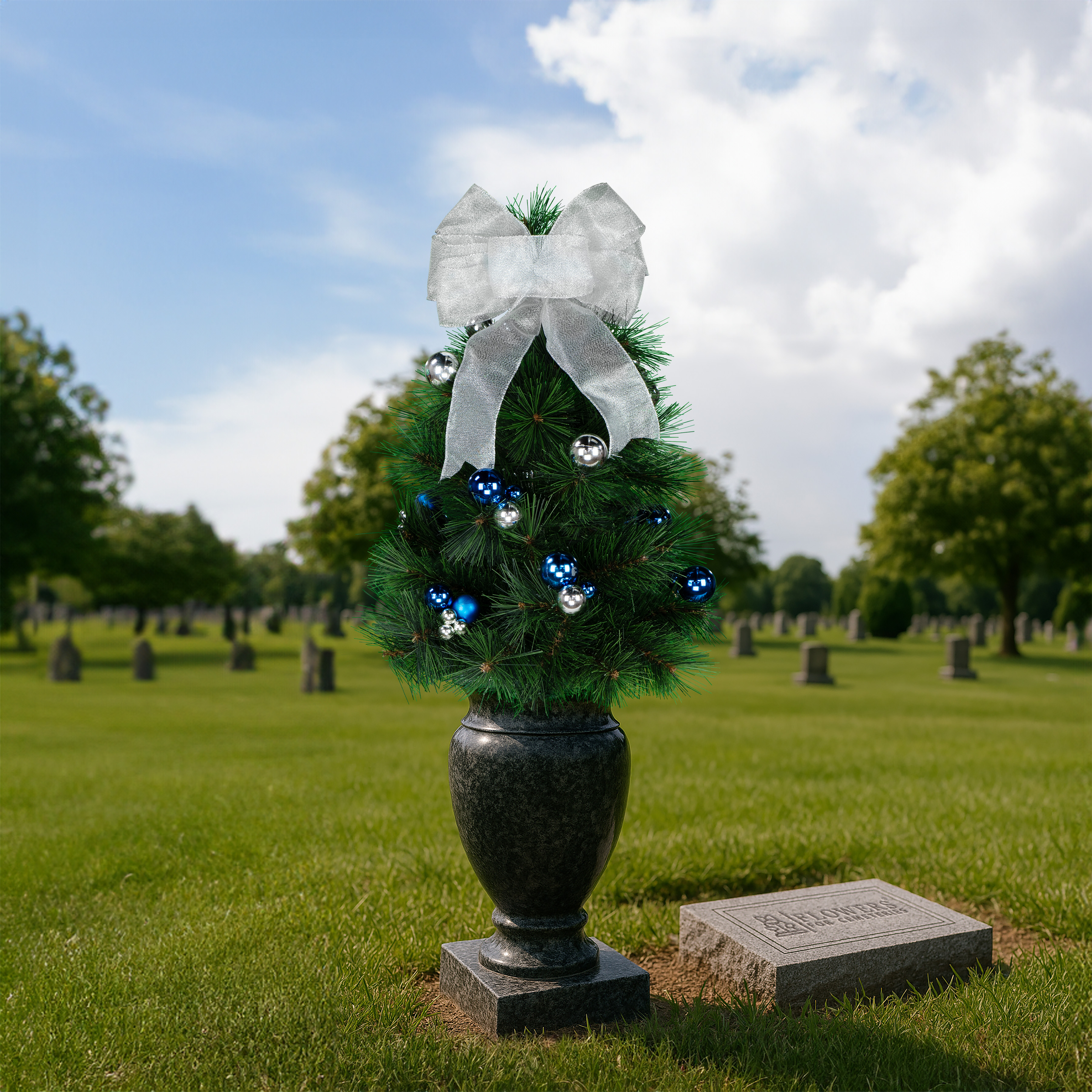 Sympathy Silks Artificial Cemetery Flowers Blue and Silver Christmas Tree with Bow