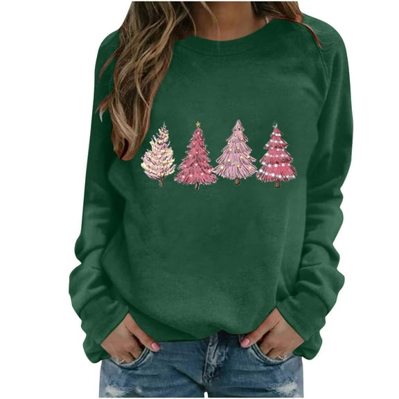 Womens Long Sleeve Tree Printed Sweatshirt Plus Size Round Neck Pullover Winter Casual Loose Festival Tops