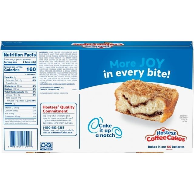 4 Pack Of Hostess Coffee Cakes, Cinnamon Streusel Snack Cakes – 8 Count, 11.6 oz Box, With Olive Green Bowl By ValueNest