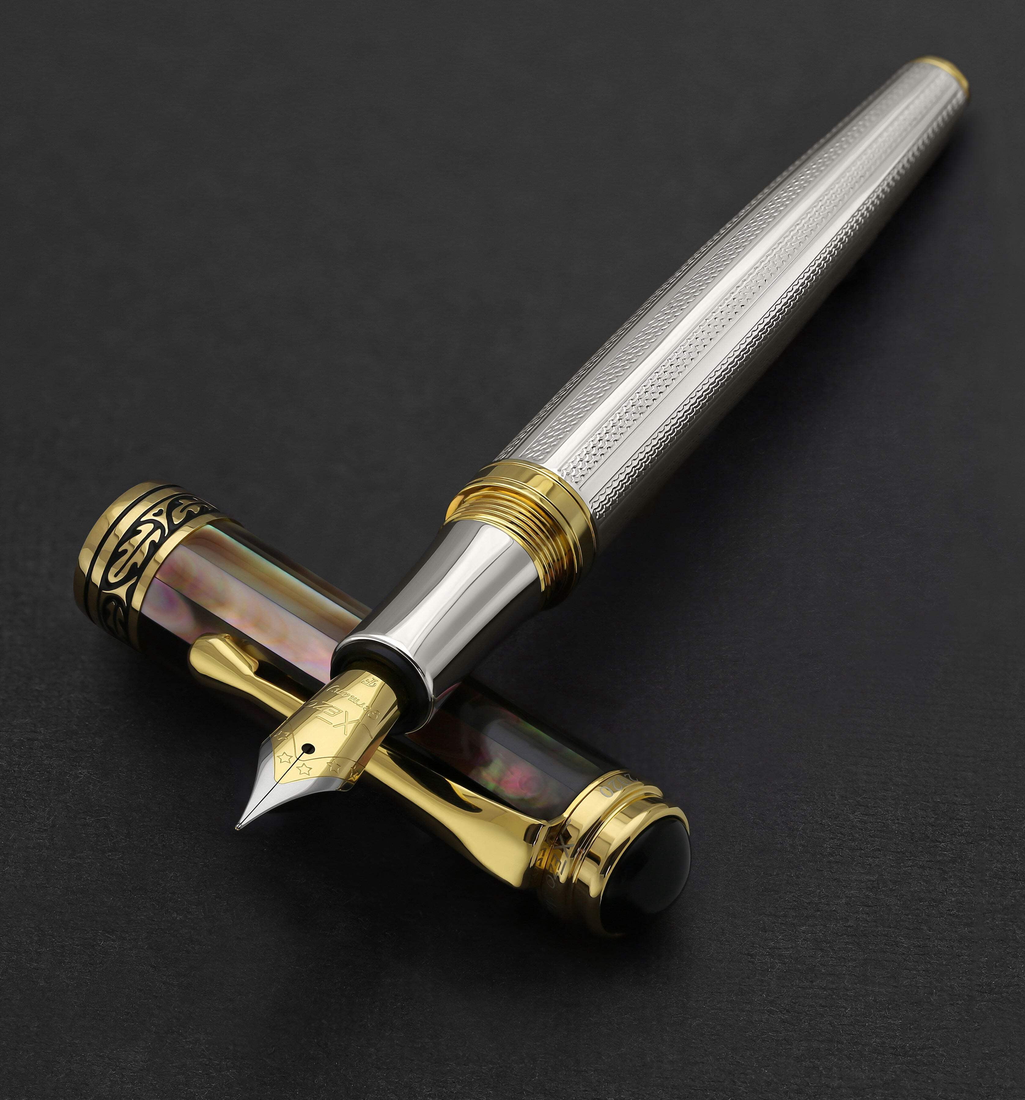 Xezo Xezo Maestro® 925 Sterling Silver Fountain Pen (Fine Nib) - Tahitian Black Mother of Pearl Cap