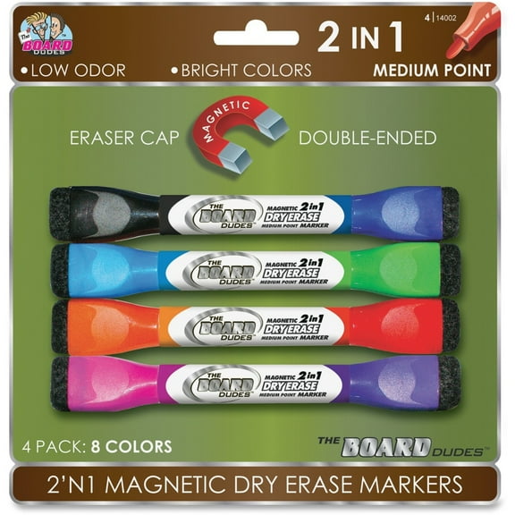 The Board Dudes DDX89 2-In-1 4 Magnetic Dry Erase Markers, Multi-Colored