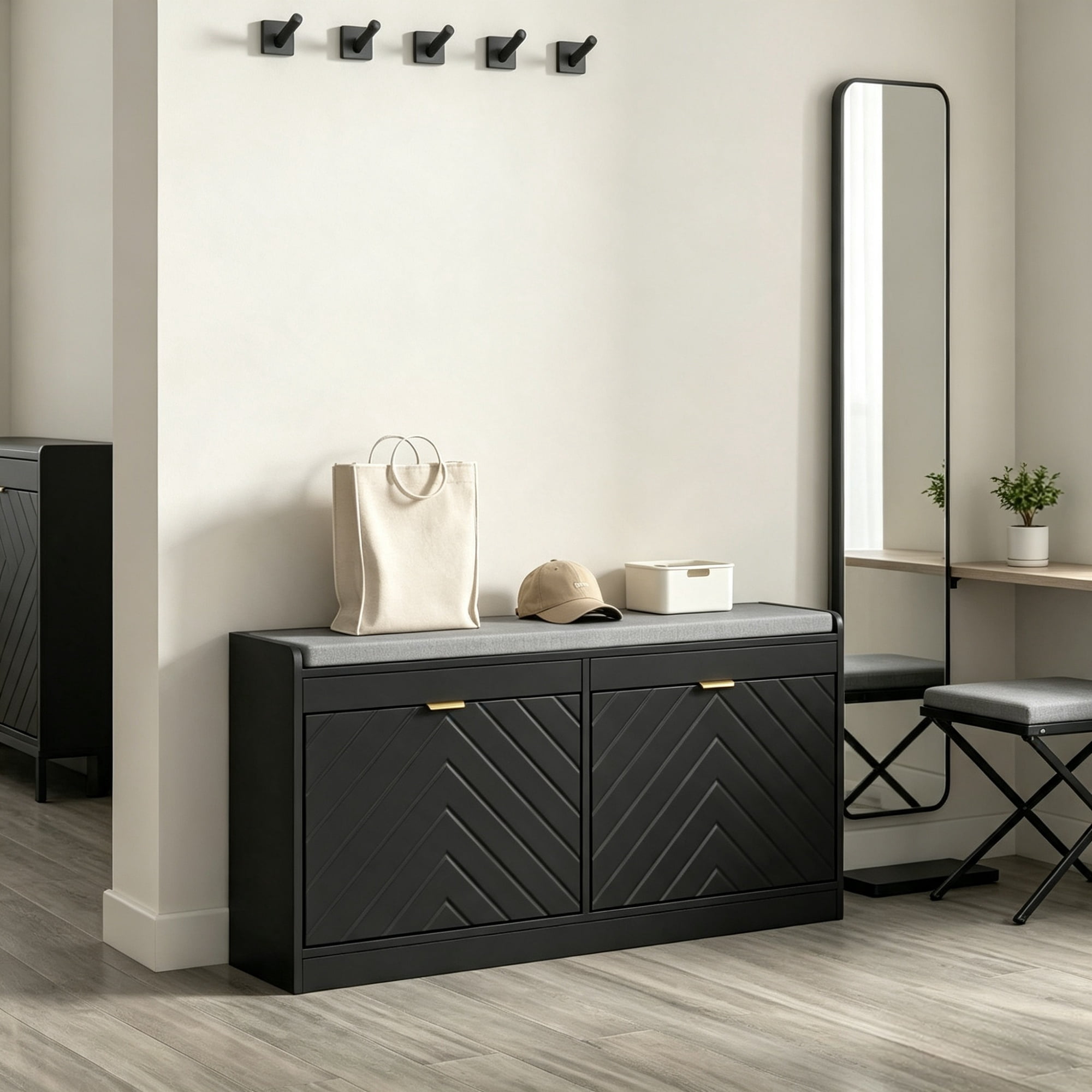 Upholstered Entry Way Bench, Narrow Storage Bench, 2 Flip Drawers, 2 Vents for 8 Pairs of Shoes