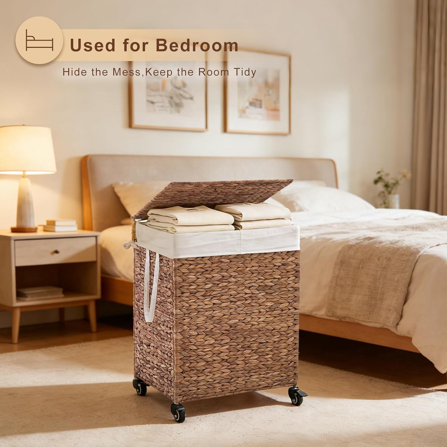 Casa Pura Furniture 2-Section Laundry Hamper with Lid, Water Hyacinth Woven Laundry Sorter with Removable Liners, Rolling or Non-Slip Design