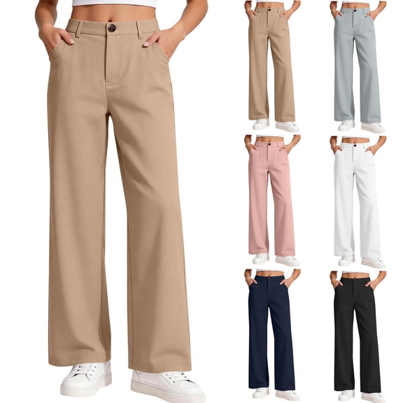 Sevevn Big Girls Wide Leg Dress Pants Casual High Waist Straight Trousers Button Work School Uniform Pants Loose Fit Back to School Business Casual Slacks Khaki 7 Years