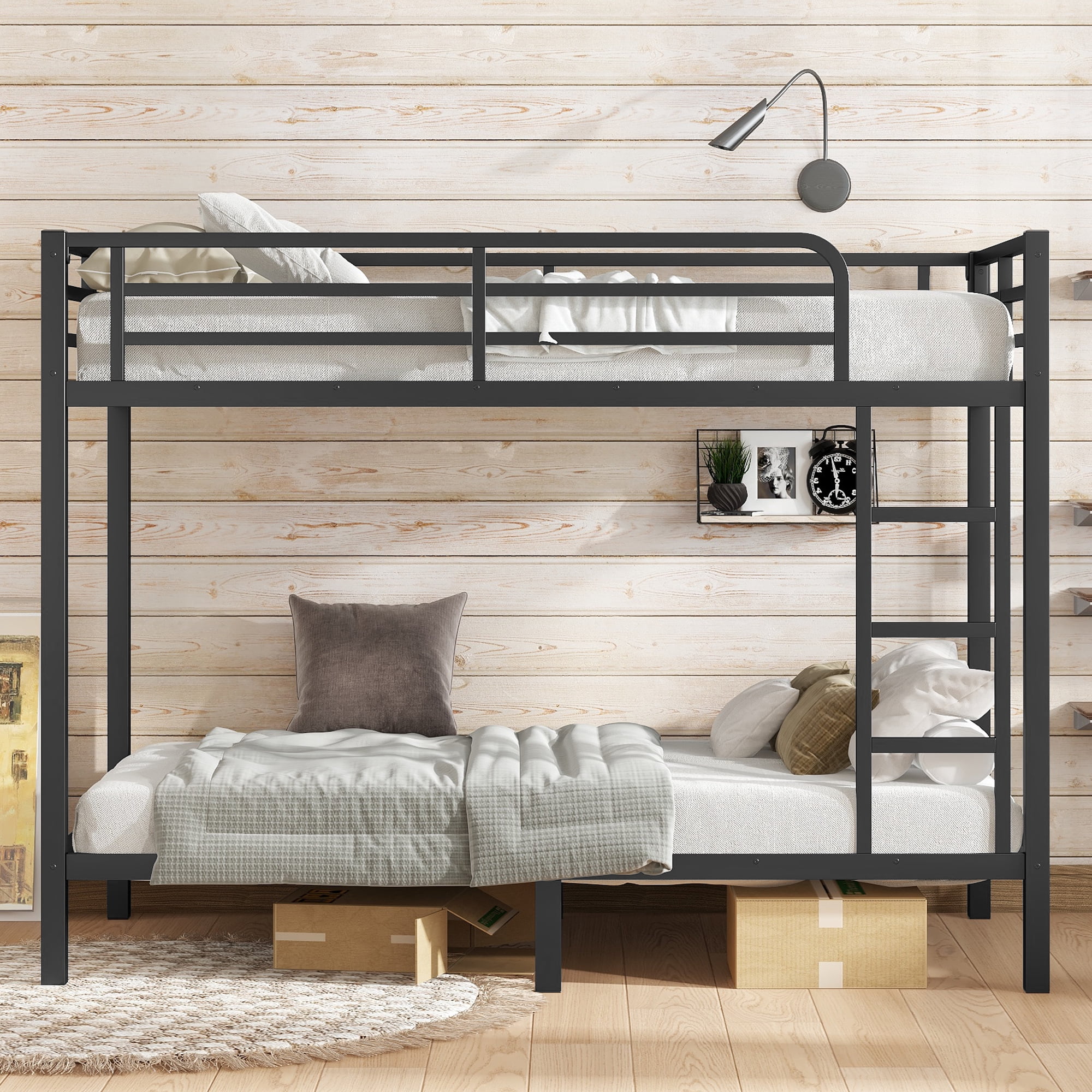 Leumius Twin over Full Bunk Bed for Teens and Adults,Heavy Duty Metal Bed Frame with 2 Side Ladders,Space-Saving/Noise Reduced/No Box Spring Needed,Black
