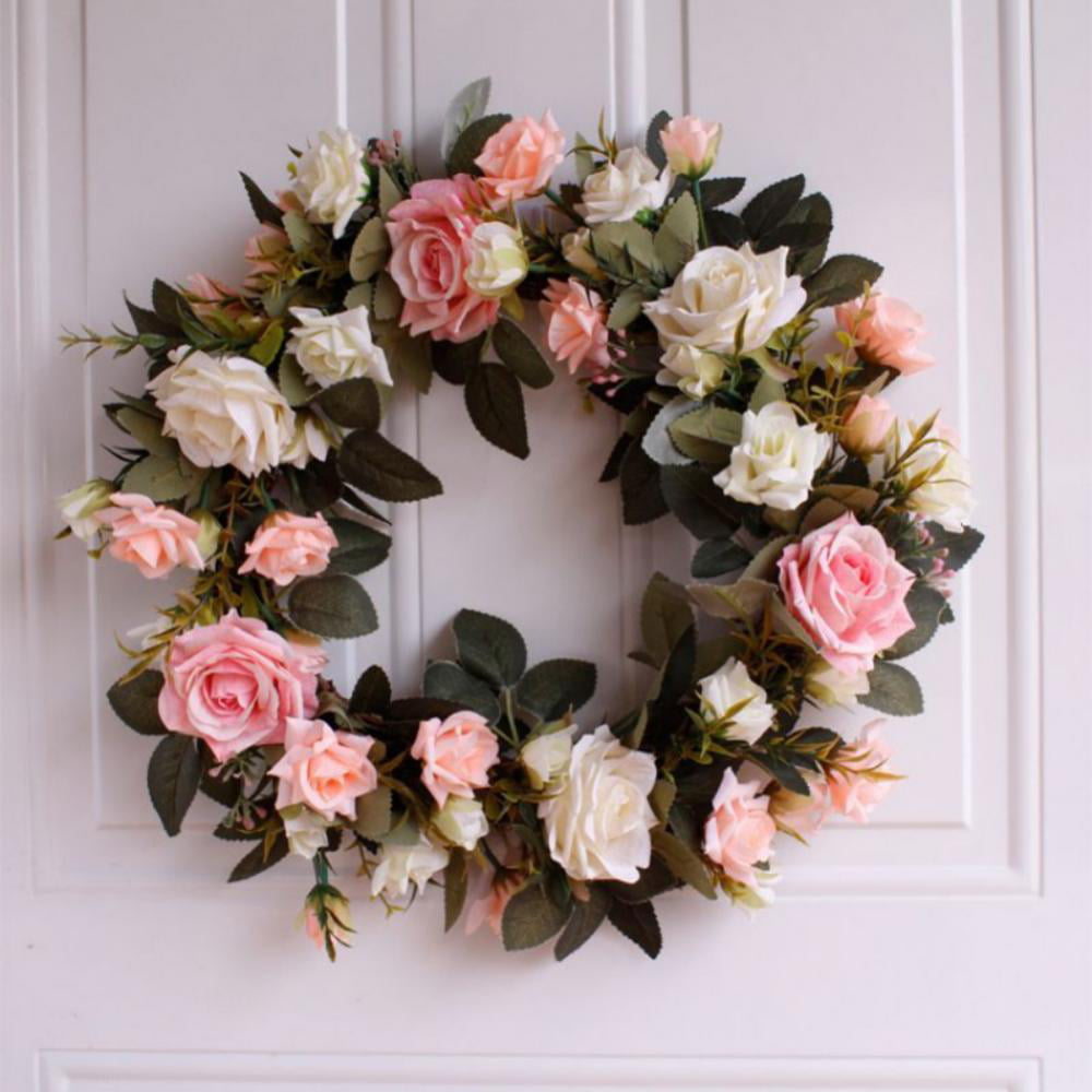 Easter 16 Rose Wreath Silk Spring Front Door Wreath,Handcrafted on a Grapevine Wreath Base- Display in Spring Mothers Day Summer Home and Kitchen 