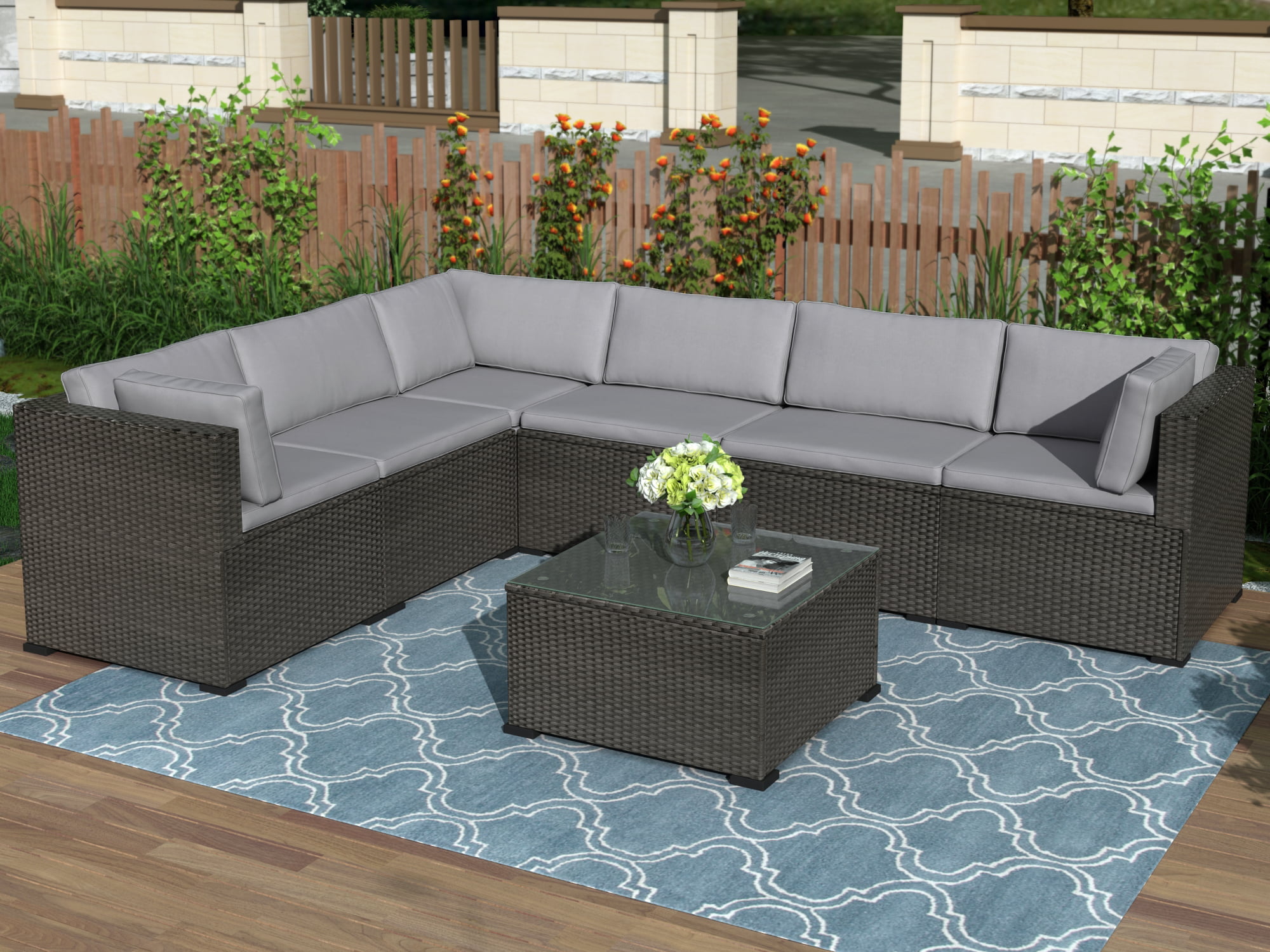 Patio Furniture Set Outdoor Sectional Conversation Set, 7 PCS Outdoor