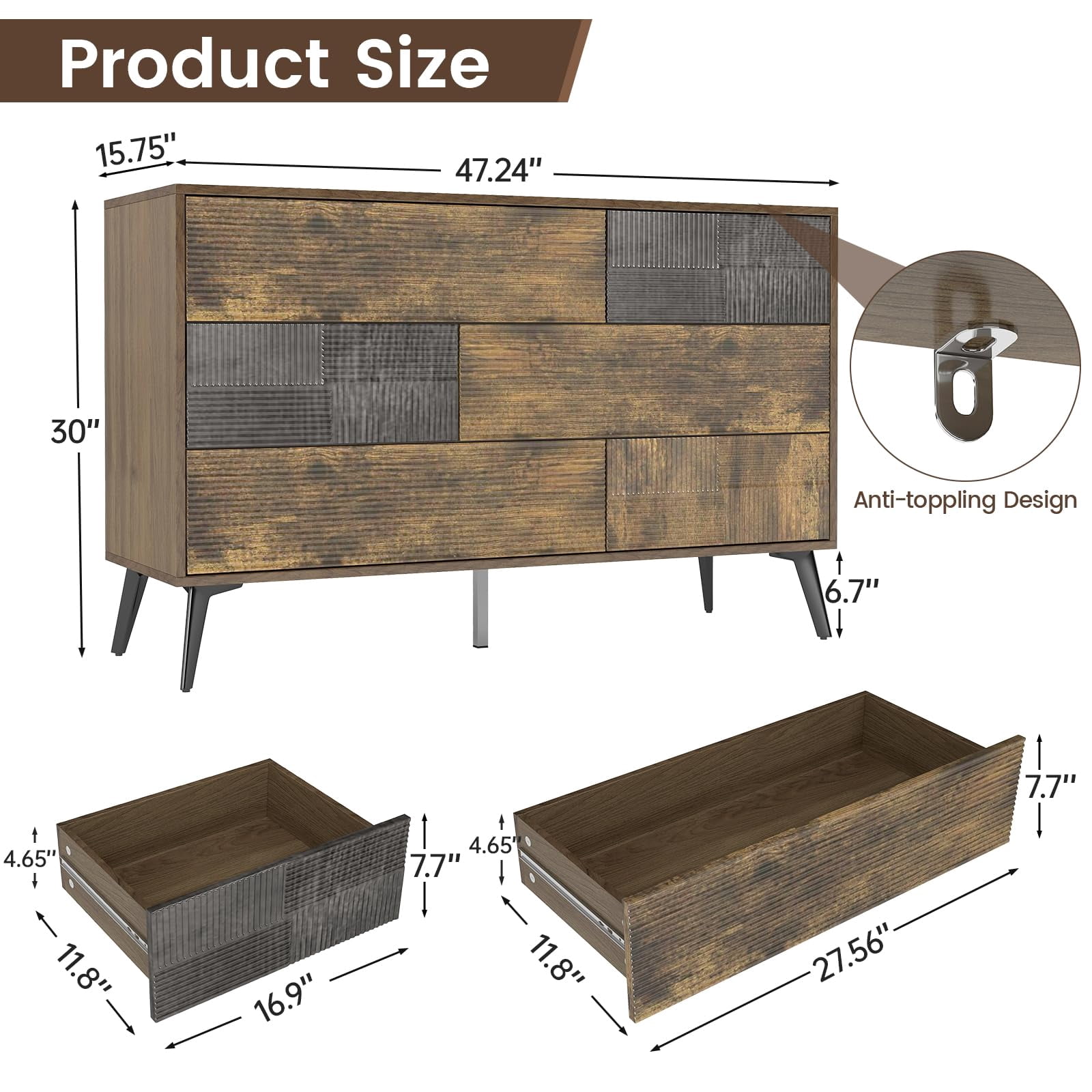 Danpinera Home 6-Drawer Fluted Dresser, 47” Wide Handleless Chest with Wood Finish, Rustic Brown Modern Storage Cabinet for Bedroom or Hallway