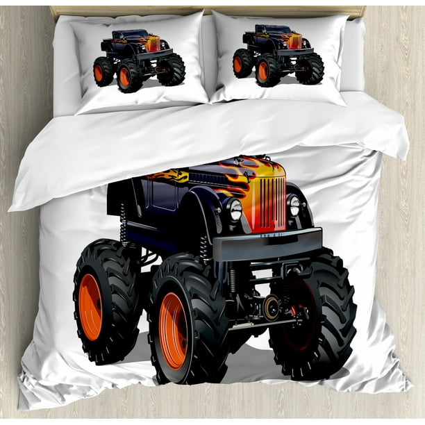 Truck Queen Size Duvet Cover Set, Flame Patterned Hood Cool Monster