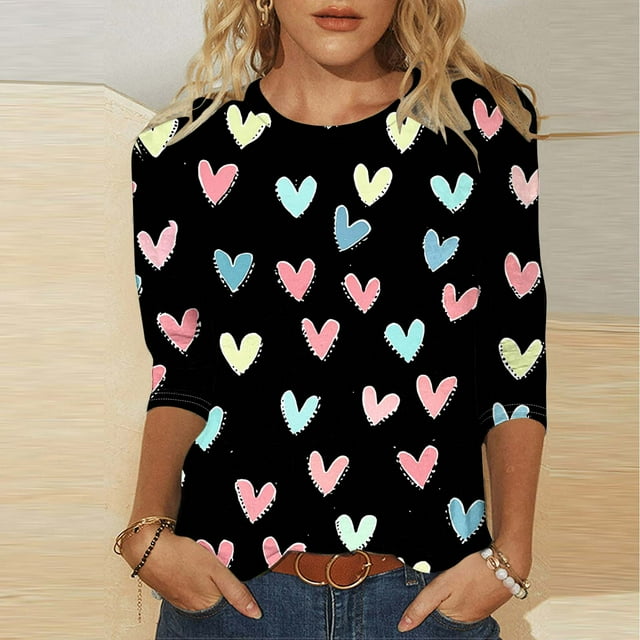 Ounisa T-Shirts de Saint-Valentin à Manches 3/4 Col Rond Imprimé Cœur pour Femmes