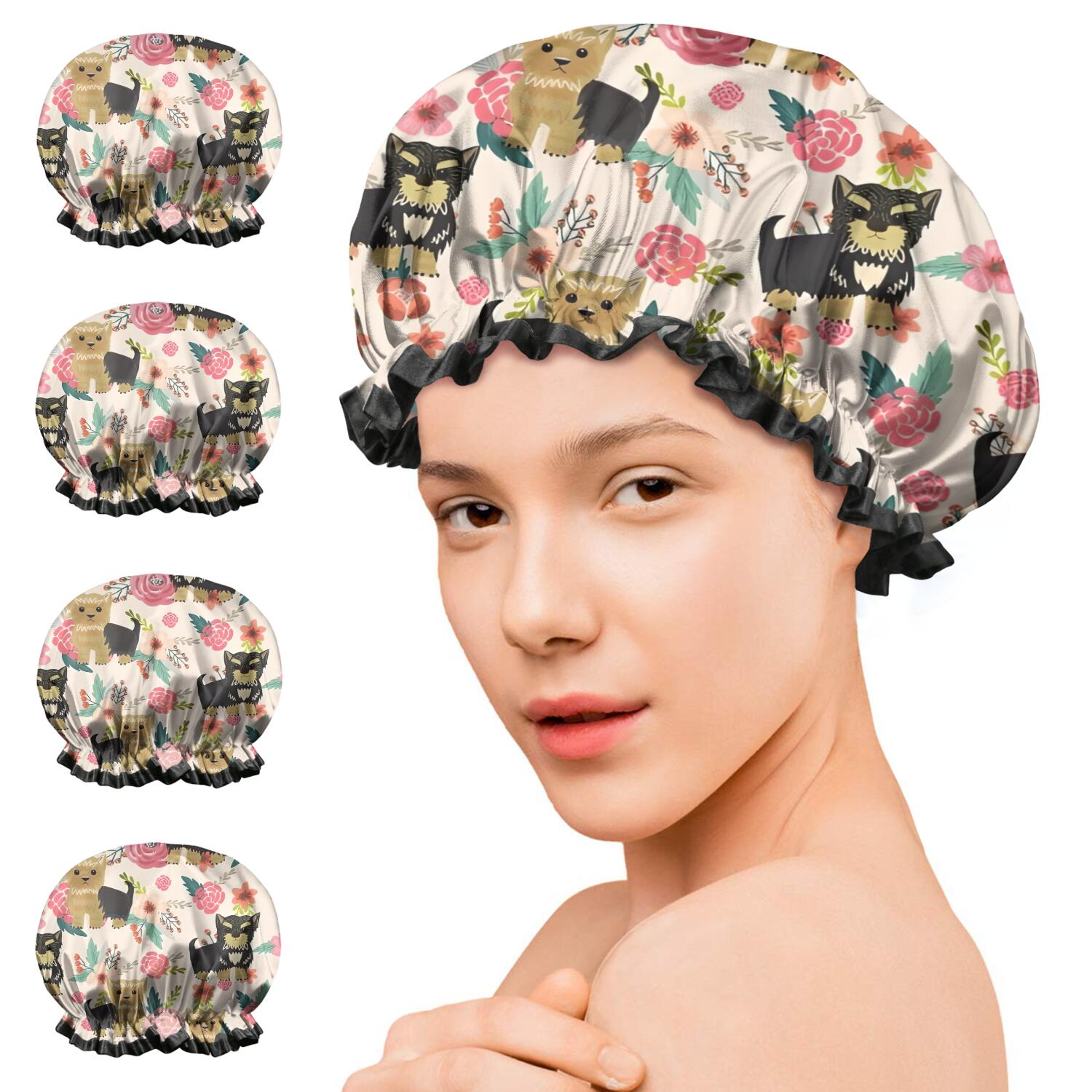 Shower Caps,Yorkie Dog and Pioneer Flower Waterproof Shower Cap for Women 4 Pieces,Double Reusable Hair Cover for Shower PEVA Elastic Stretch Hem