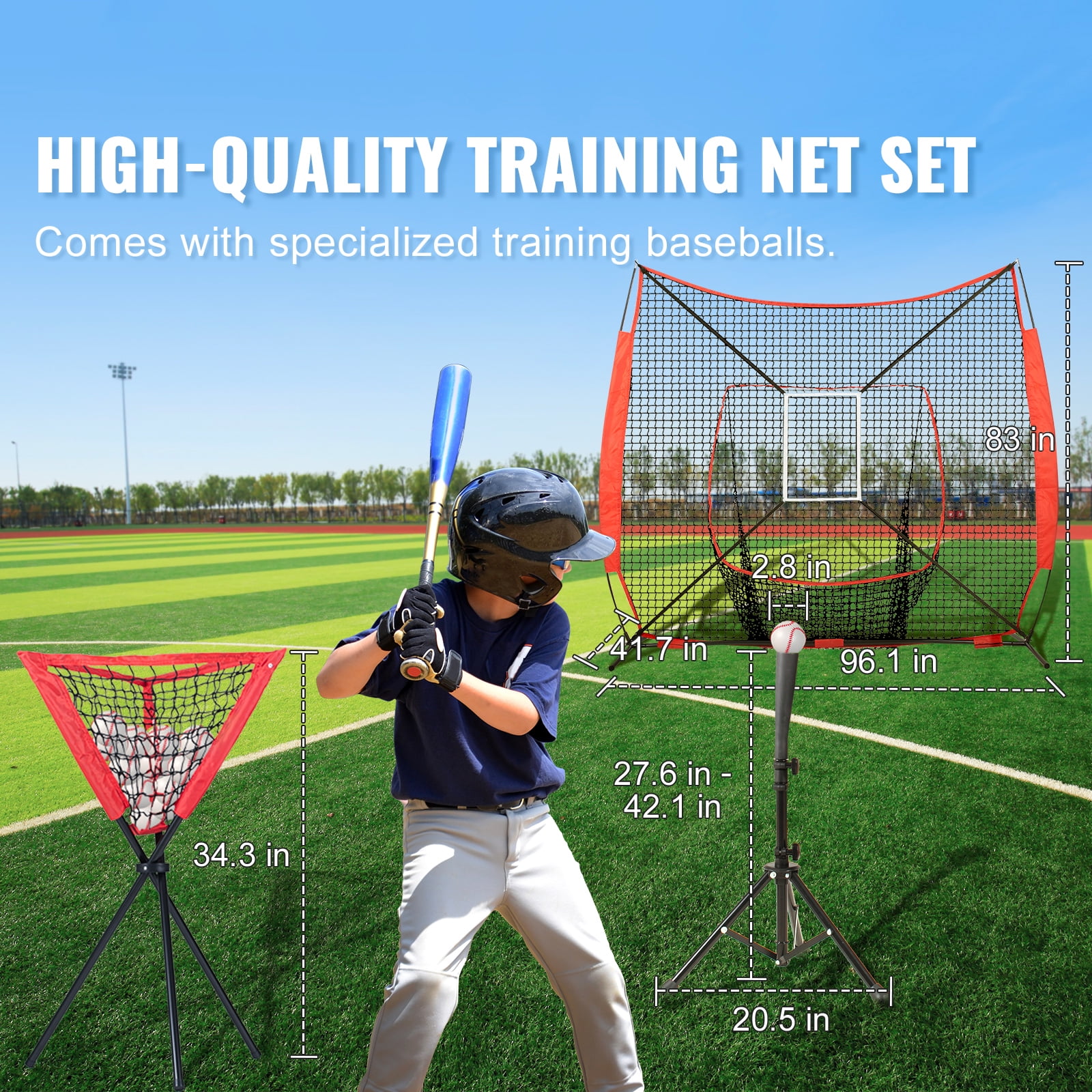 KFFKFF 7x7 ft Net for Baseball Softball Drills, Movable Training Mesh for Batting Catching Throwing, Backstop Gear with Arc Structure, Transport Sack, Target Area, 12 Spheres, Stand