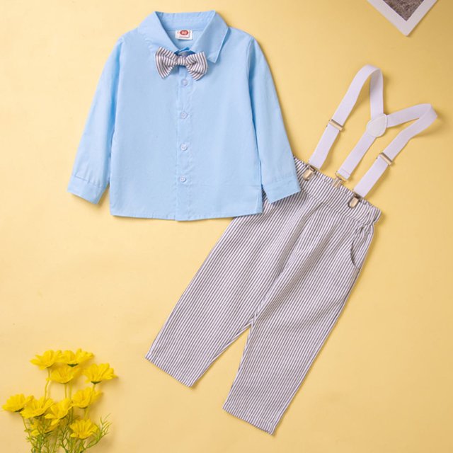 Children's Fashion Color Contrast Set Shirt Strap Pants 3-Piece Set Long Sleeve Round Neck Top/Shirt Set