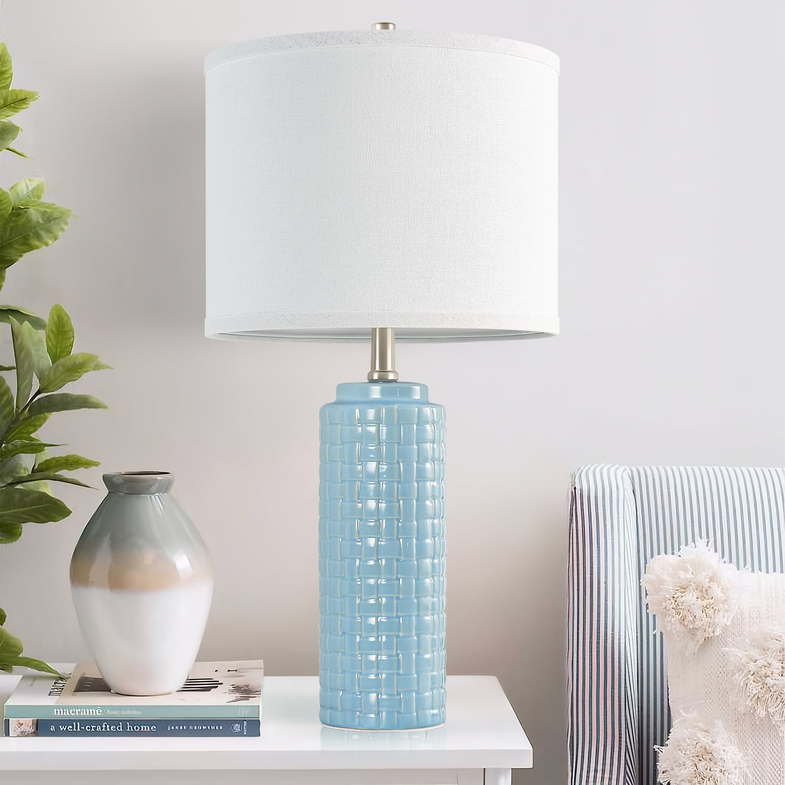 NATYSWAN 24.8" Modern Ceramic Bedside Lamp Set of 2, 3 Color Temperature Bulbs Included - Farmhouse Nightstand Lamps for Living Room Bedroom End Table Office Entryway, Cyan