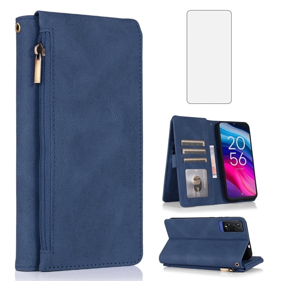 Asuwish Wallet Kickstand Hard Shell Cell Phone Case with Tempered Glass Screen Protector for TCL 505, Blue