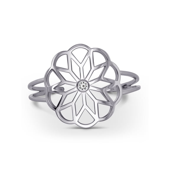 0.23 CTW DEW Round Moissanite Bezel Floral Cuff Bracelet in Sterling Silver