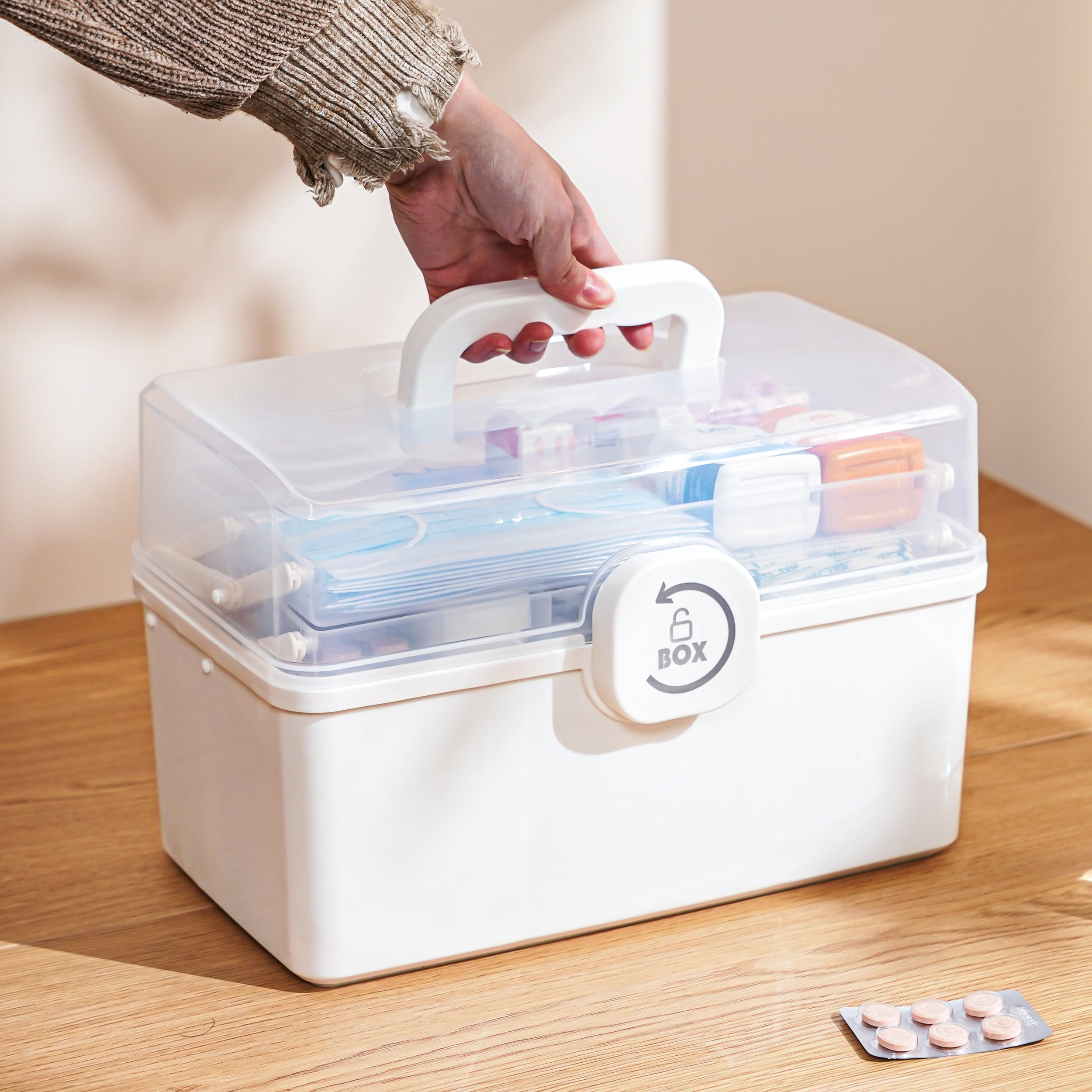 Two Tray Multi-Purpose Storage Case Organizer for Medicine Makeup and Arts Crafts, Cream White, Medium