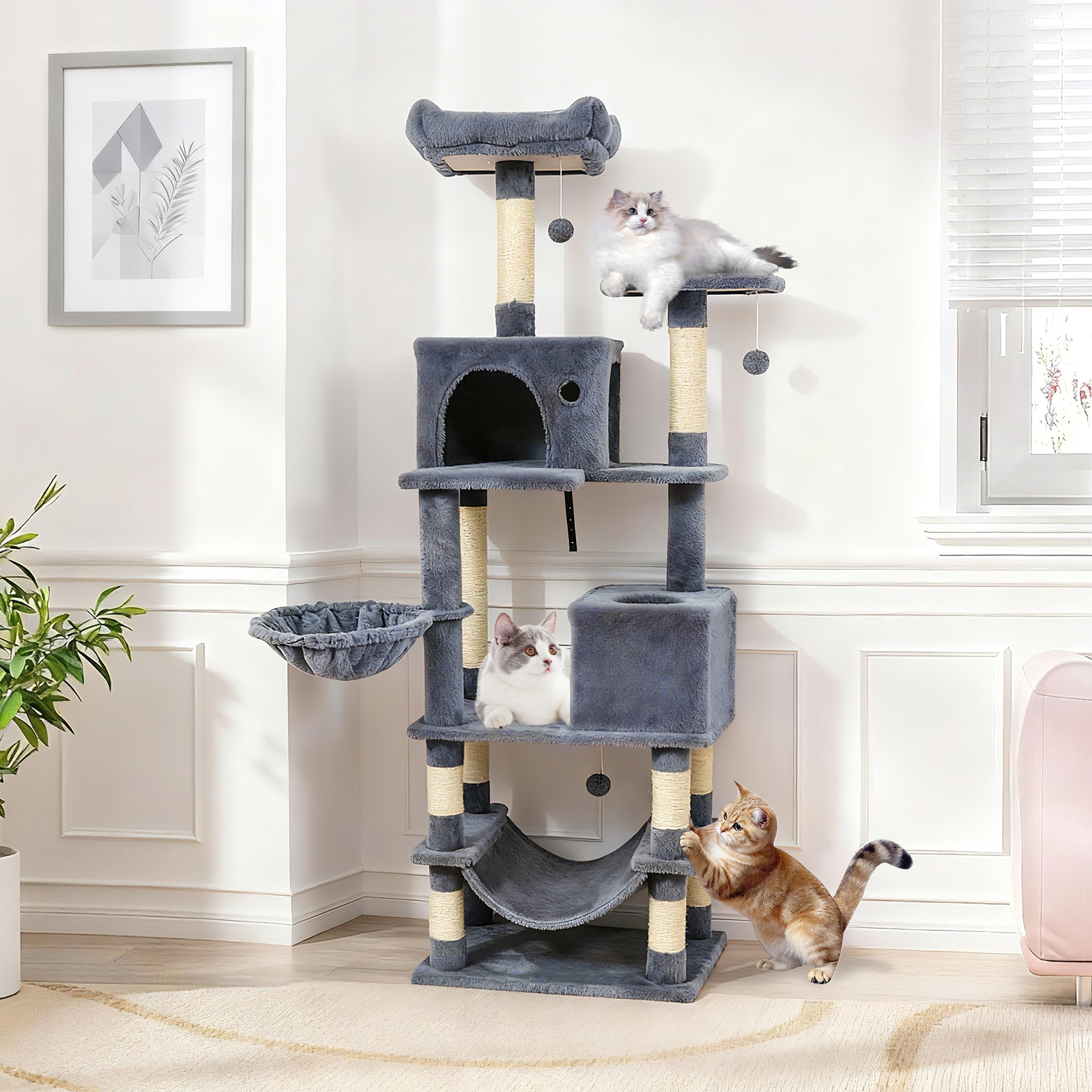 Gymax 66'' Tall Cat Tree w/2 Condos Sisal Scratching Posts Plush Perch Hammock Basket Dark Gray
