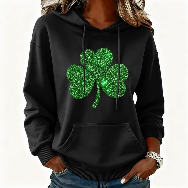 Uootdi Oversized St Patricks Day Hooded Sweatshirts for Women Irish Saint Pattys Shamrock Crewneck Long Sleeve Shirts Holiday Trendy Pullover Tops Gift