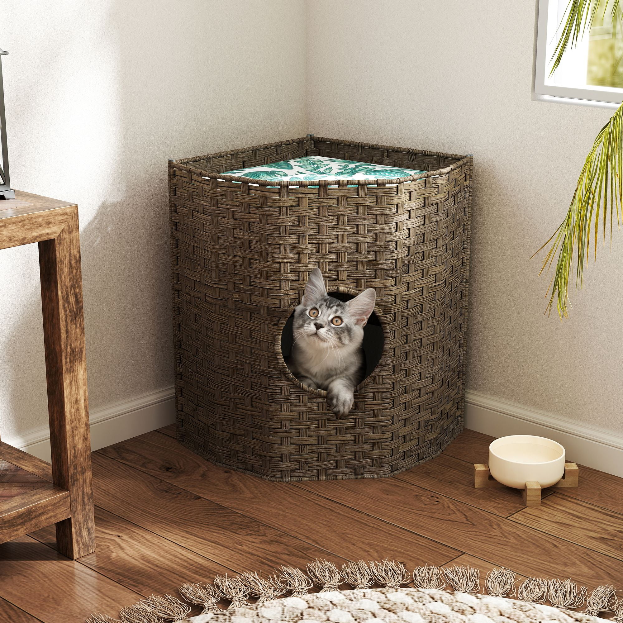 Pefilos 22" Cat Litter Box Enclosure with Waterproof Litter Bag and PP Mat, Hidden Washroom Handwoven Rattan Cat House for Living Room, Bedroom, Brown