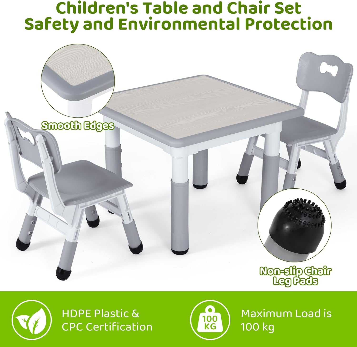 Arlopu 5 Pcs Kids Table and Chairs Set,  Height Adjustable, Toddlers Activity Table & 4 Chairs Set for Study, Grey