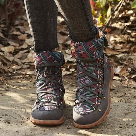

Midewhik Casual Laceup Flat Women s Bohemian Boots Fashion Printed Folk Ankle Style Women s Ankle Boots