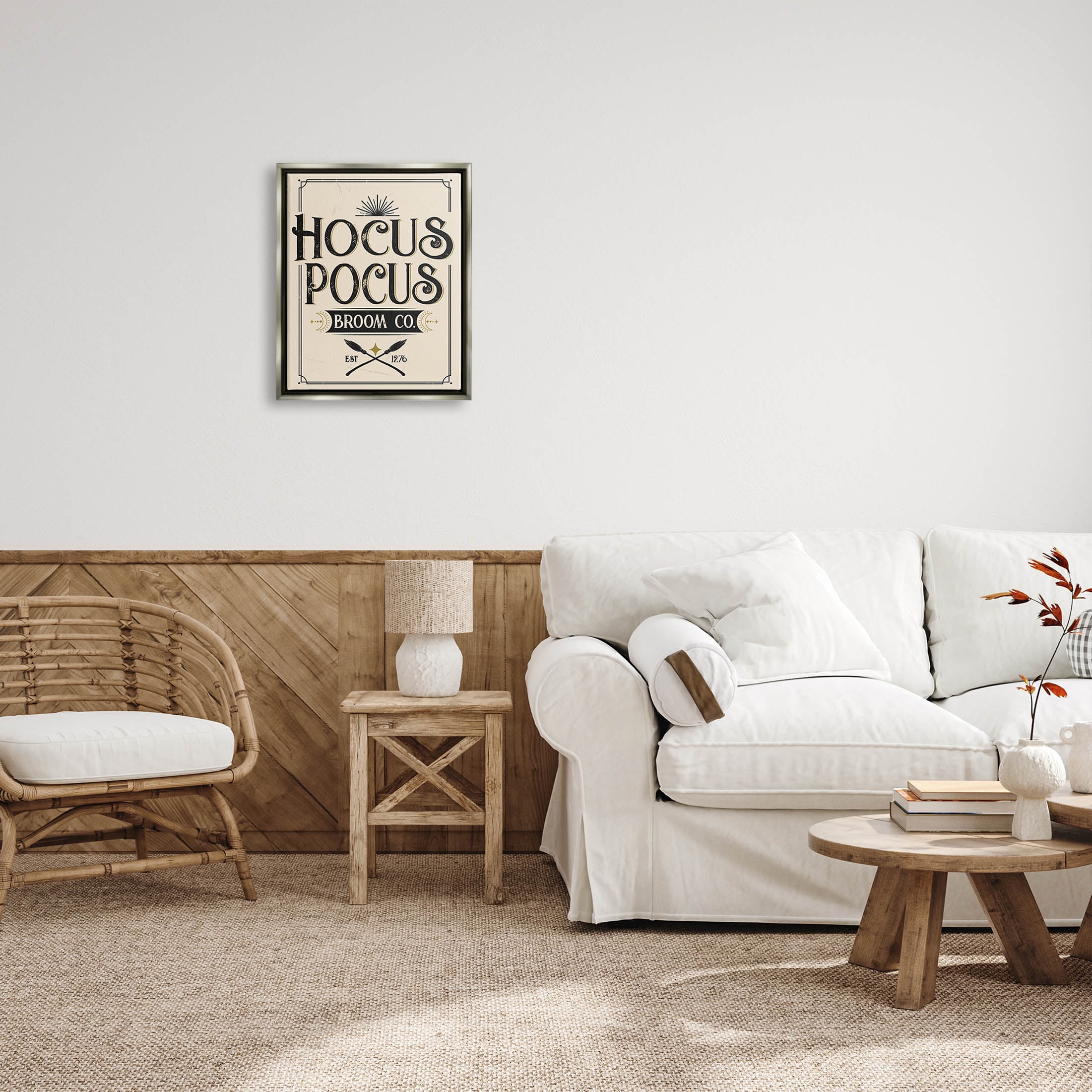 Stupell Industries Vintage Hocus Pocus Broom Sign Graphic Art Luster Gray Floating Framed Canvas Print Wall Art, Design by Angela Nickeas