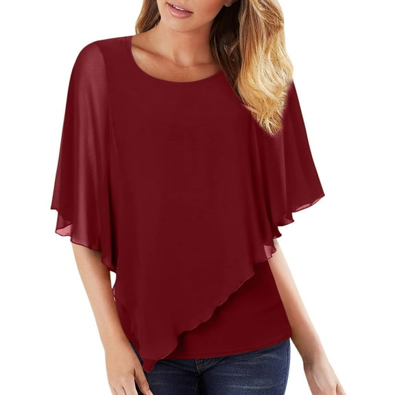 Women Round Neck Solid Vest With Loose Chiffon Bat Shortsleeve Flowing Shawl Double Layer Tunic Top Blouse