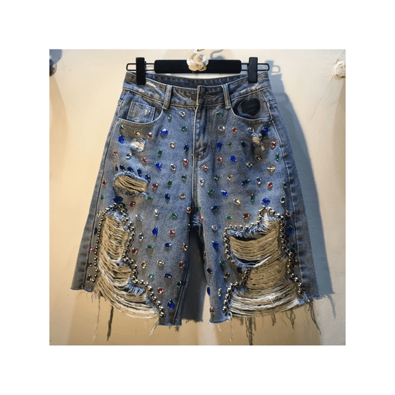 Y2K Rhinestone Jeans Shorts Women High Waisted Ripped Denim Shorts Sparkly Sequin Glitter Cargo Shorts with Pockets Summer Party Club Outfits