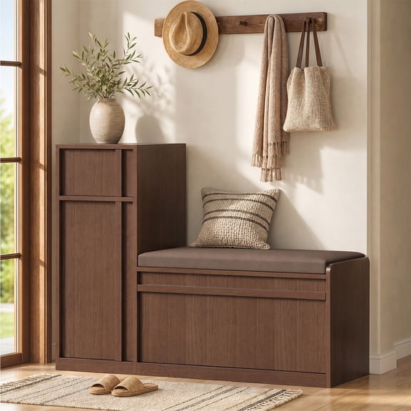 45.3" L-Shaped Storage Bench with Shoe Storage and Cushion, Walnut