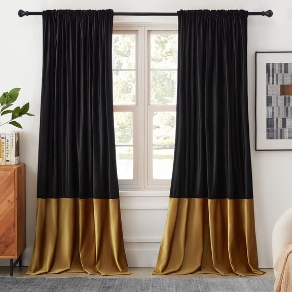 Velvet Curtains 84 inches Long for Living Room Bedroom,2 Panels Black Gold Luxury Back Tab Curtains Modern Rod Pocket Blackout Decor Window Drapes