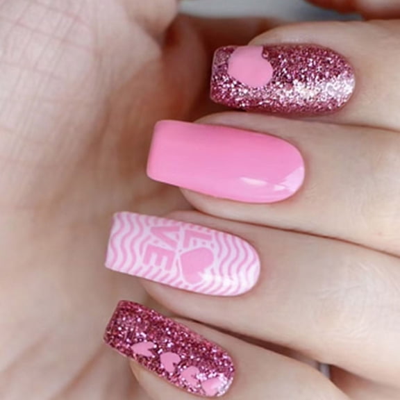 ZPAQI Love Heart Full Cover Stick on Nails Valentines Day False Nails Press On Nails