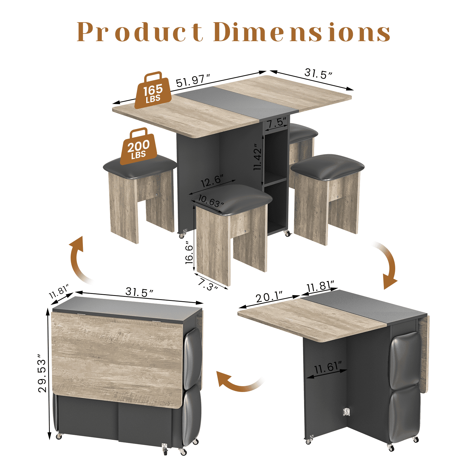 Baxluxe Folding Kitchen Table with Chairs,Dining Table Set for 4,Drop Leaf Table with 6 Wheels,Expandable Dining Table,Multifunction Expandable Table for Living Room, Folding Kitchen Table