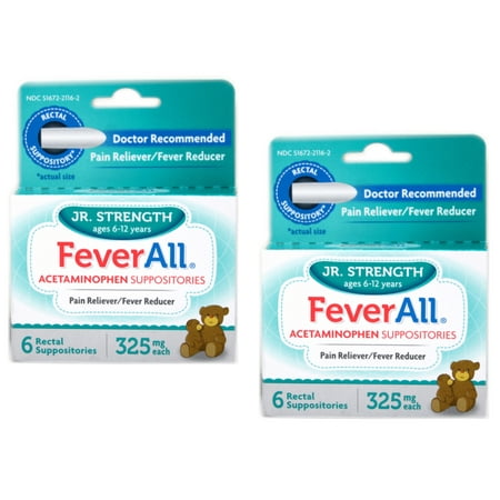 (2 pack) Feverall Children Acetaminophen Suppositories 6 Rectal Suppositories 325mg Each Pain Reliever/Fever Reducer. Paraben Free, No Artificial Colors or Other preservatives. Ages 6-12 Years
