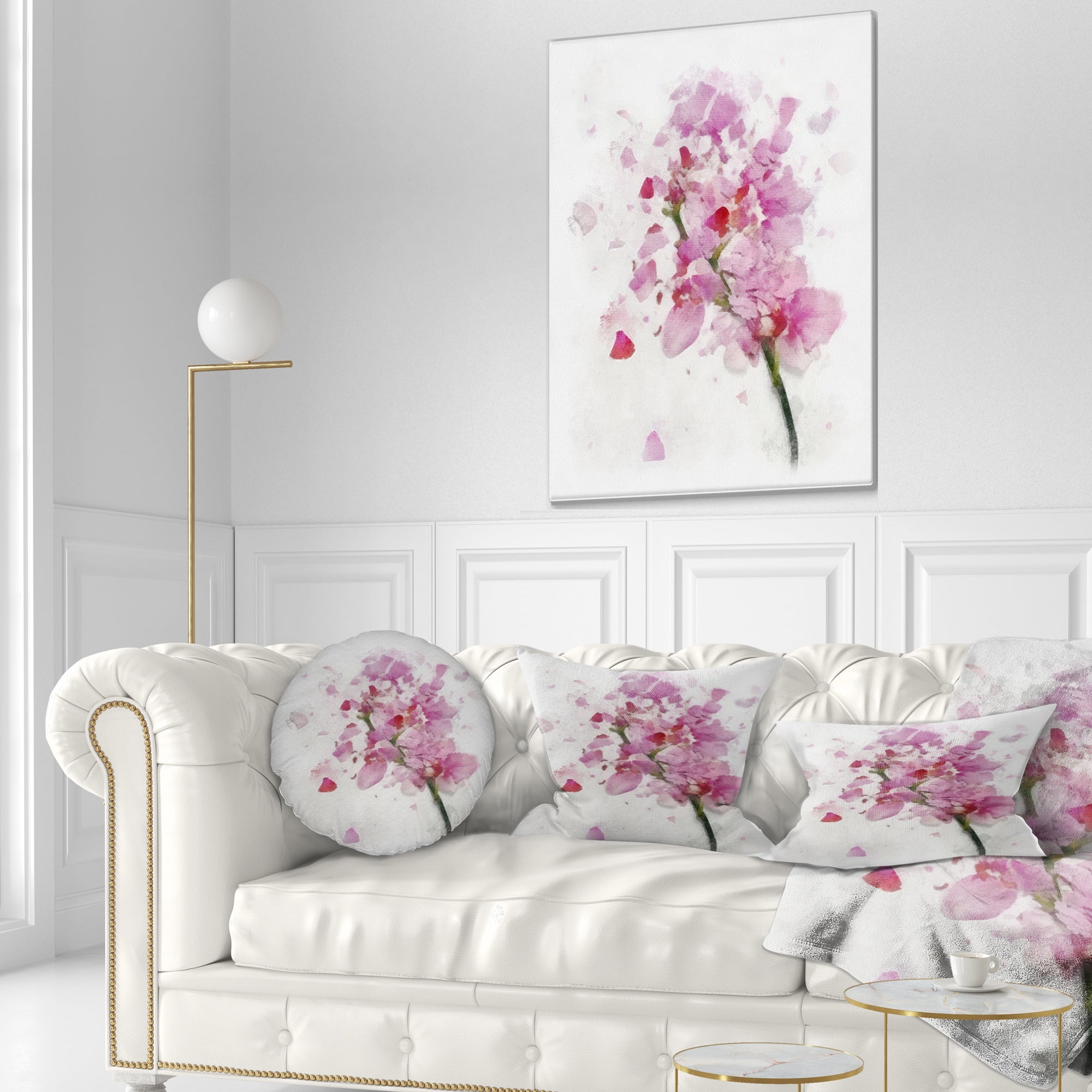 Designart Pink Flower with Falling Petals - Floral Throw Pillow - 12x20