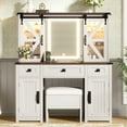 thumbnail image 3 of Euroco 43.3" Farmhouse Makeup Vanity Desk with Lighted Mirror,Dressing Table with Sliding Barn Door Hidden Shelves & 3 Drawers & 2 Cabinets, Beige, 3 of 9