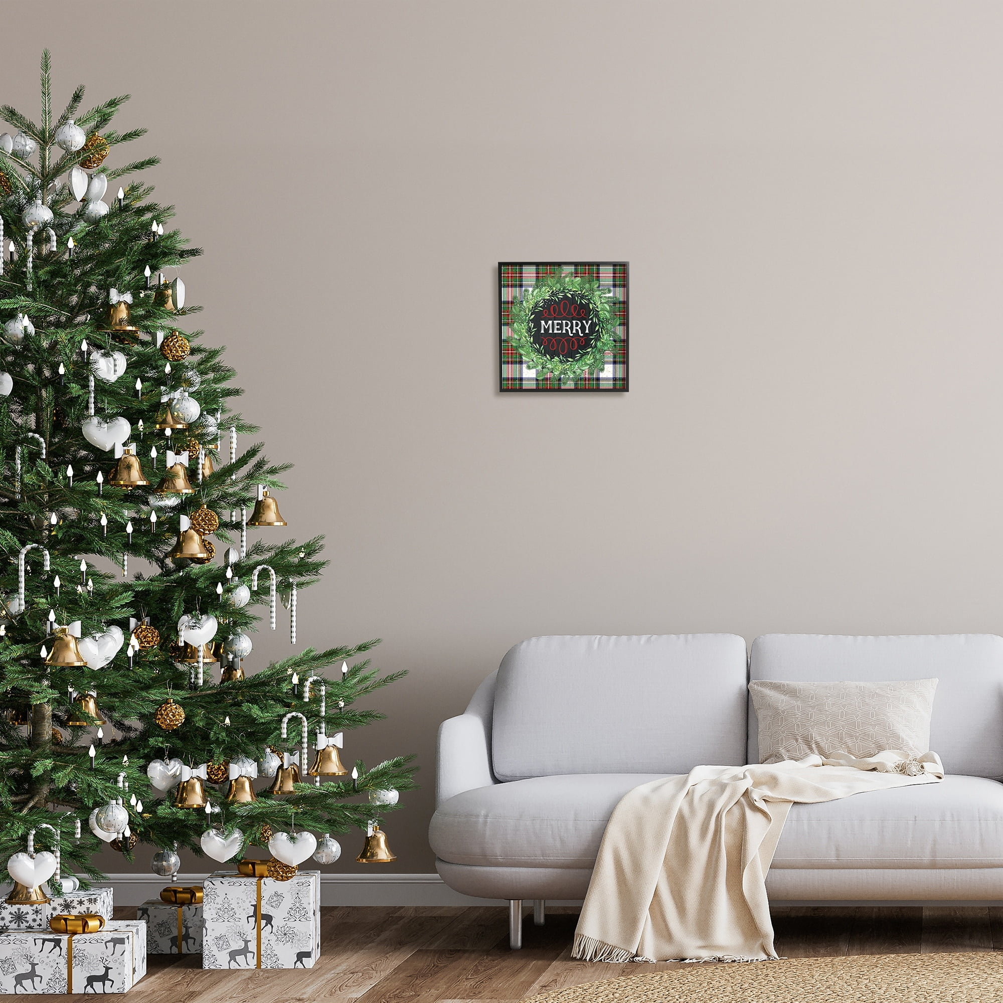 Stupell Industries Merry Sentiment Winter Pine Wreath Green Christmas Plaid, 24 x 24,Design by Jennifer Pugh
