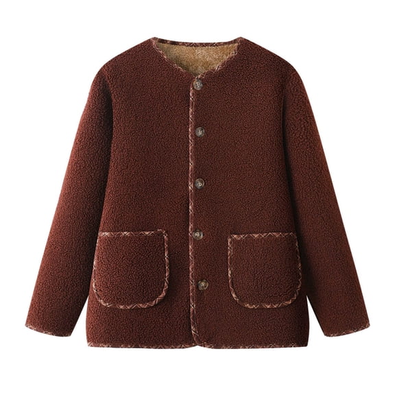 DAFPZW Womens Winter Lambswool Jacket Contrast Color Casual Crew Neck Button Vintage Coats