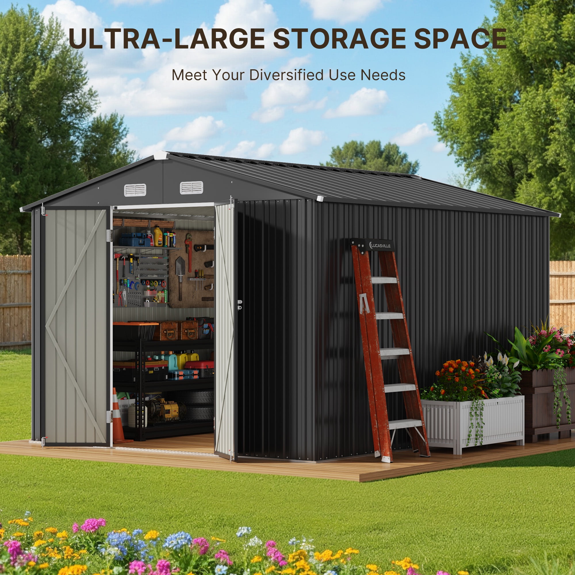 Asofer 10x10ft Outdoor Storage Shed, Large Utility Metal Tool Shed Lockable Doors & Vented Windows for Backyard, Patio, Lawn, Gray