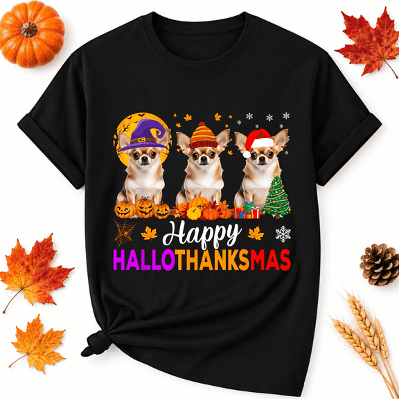 KeHetSoft Thanksgiving Hallothanksmas Chihuahua Trio Cotton Graphic Unisex T-Shirt