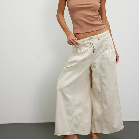 Women's Pleated Wide Leg Jeans Mid Rise Elastic Waist Cropped Casual Baggy Denim Pants with Pockets Beige L