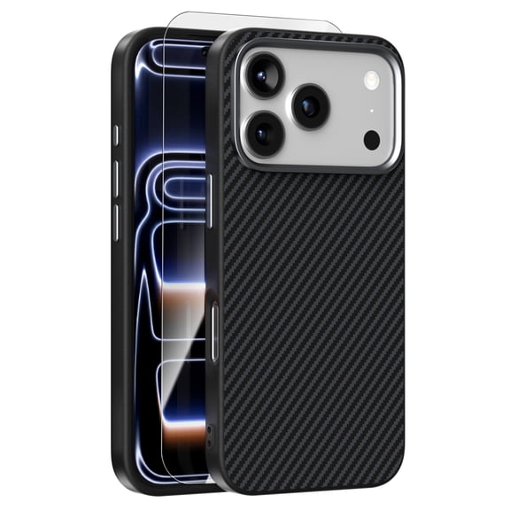 Dteck Magnetic Case with Tempered Glass Screen Protector for iPhone 17 Pro Max,Shockproof Carbon Fiber Texture PC TPU Case Compatible with Mag Safe Back Cover for iPhone 17 Pro Max ,Black