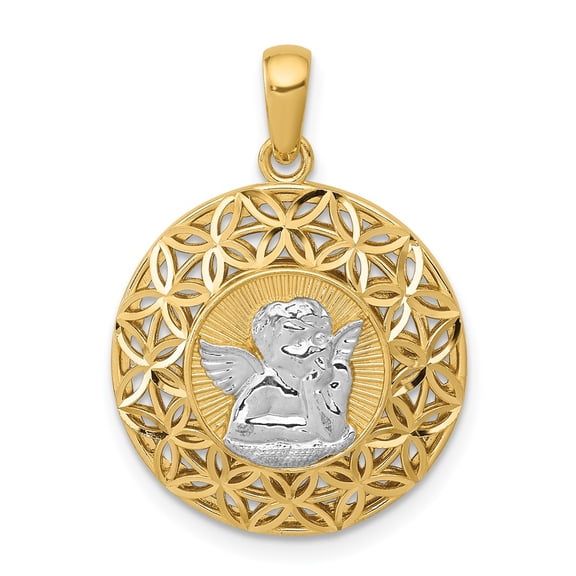 Dewberry Diamonds 14k Solid Yellow Gold With Rhodium Polished Filigree Guardian Angel Pendant Religious Plain Gold Jewelry (Weight : 2.44 g, Length : 25.16 mm)