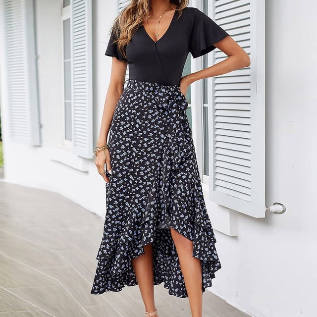 Robes d'Été Grande Taille pour Femmes 2024 pour Manches Courtes Col en V Boho Imprimé Floral Ceinture Taille Haute Basse à Volants Robe Maxi Cocktail Économisez jusqu'à 65 %!