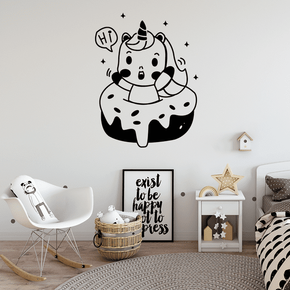 Hi Unicorn Donut Doughnut Magical Uni Unicorns Wall Sticker Art Decal for Girls Boys Kids Room Bedroom Nursery Kindergarten House Fun Home Decor Stickers Wall Art Vinyl Decoration Size (10x8 inch)