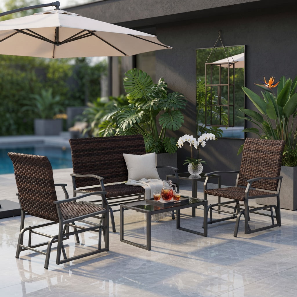 Hommoo 4-Piece All-Weather Wicker Patio Glider Set with Tempered Glass Coffee Table, PE Rattan Loveseat & Single Glider, Outdoor Swing Furniture for Backyard, Poolside & Porch, Brown