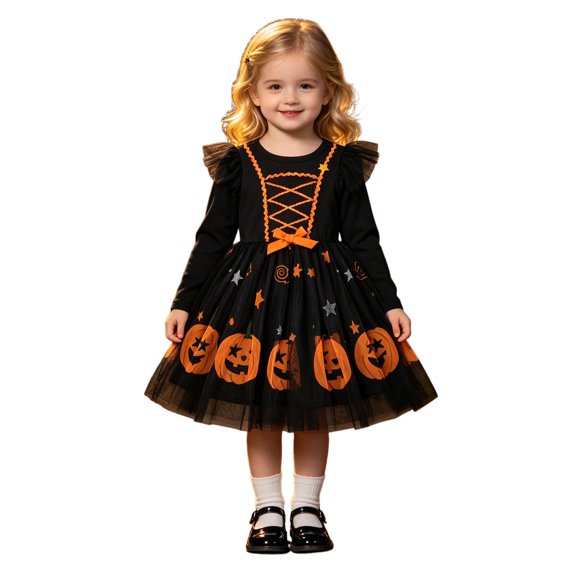 Glisme Infant Girls Dress Pumpkin Print Long Sleeve Crew Neck Halloween Performance Girls Dresses