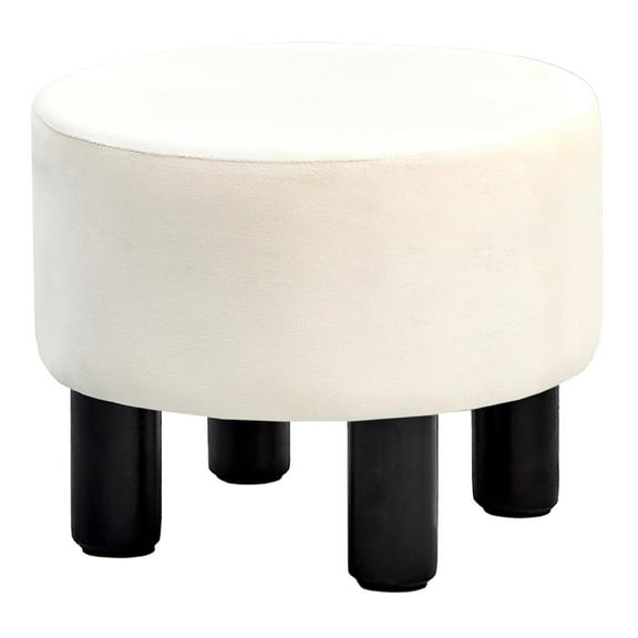 MXFURHAWA Velvet Ottoman Foot Stool – Round Padded Footrest for Couch or Desk, Soft Step Stool with Non-Slip Pine Wood Legs, Stylish Accent Furniture for Living Room, Bedroom, Office White